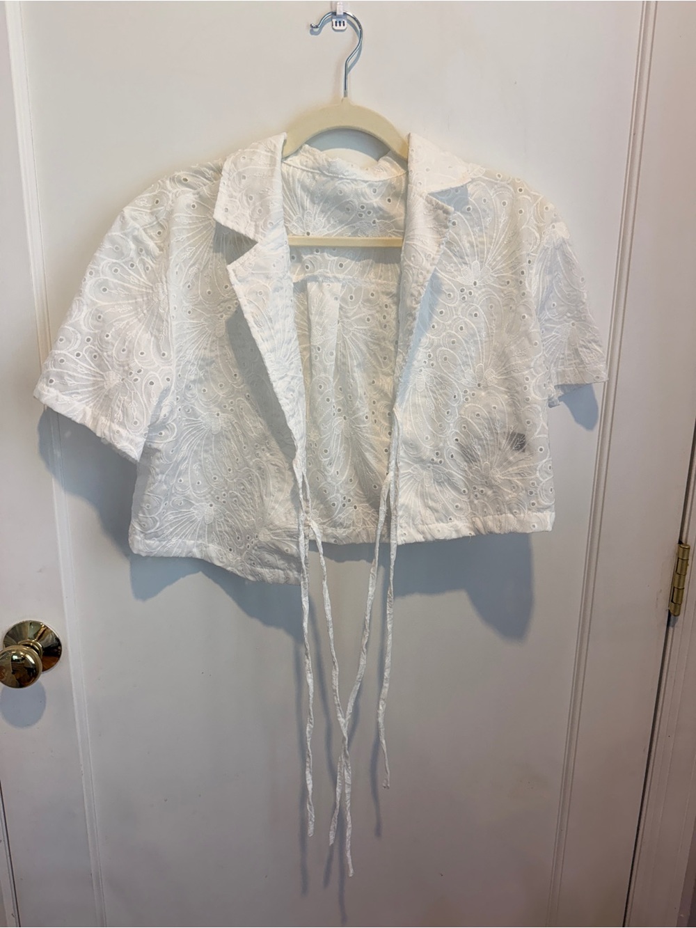 SHEIN White Eyelet Cropped Tie-Front Blouse